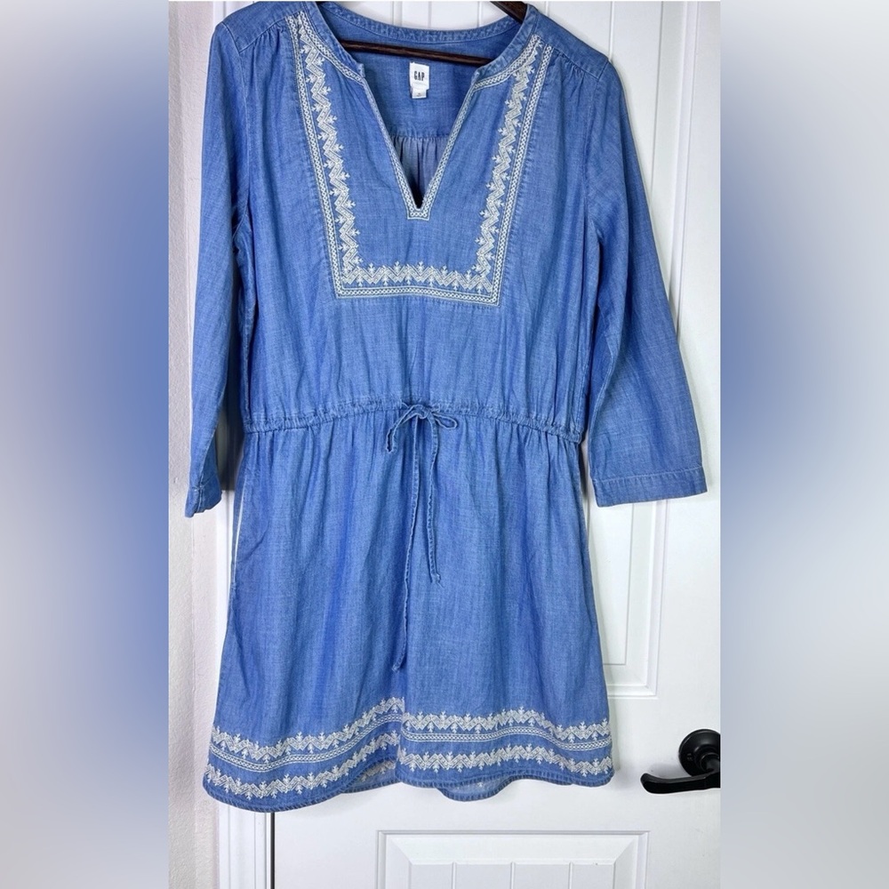 GAP Women’s Dress Chambray Embroidered 3/4 sleeves Boho Hippie Sz L Festival
